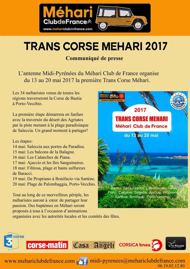 Le Méhari Club De France organise La Trans Corse Méhari 2017 du 13 au 20 mai .