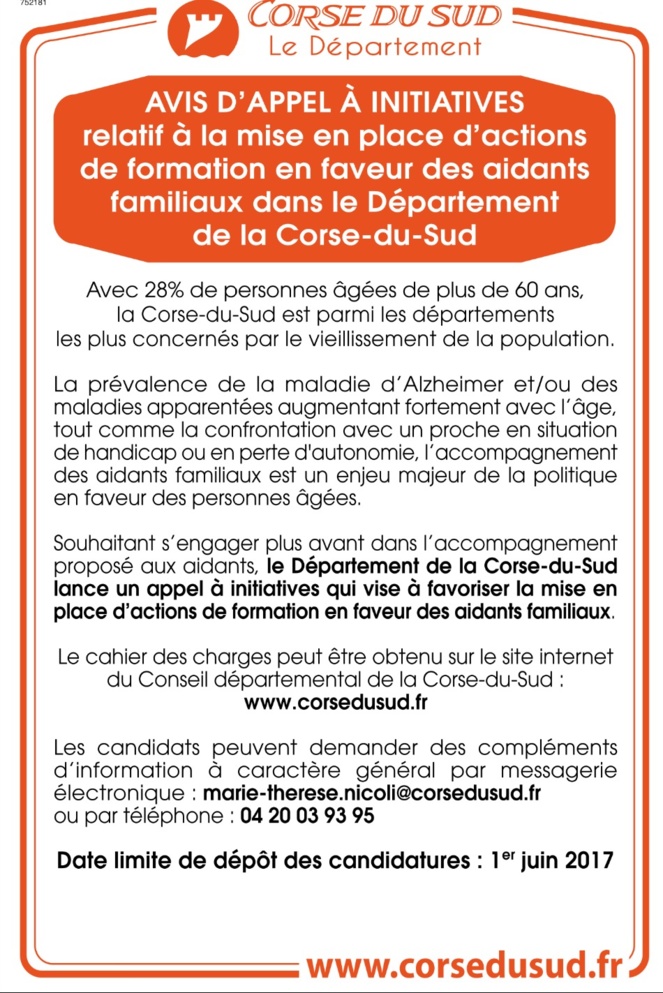 Avis d'appel à initiatives par le Département de Corse-du-Sud pour la mise en place d'actions de formation en faveur des aidants familiaux