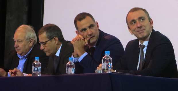 Le maire de Furiani, Pierre-Michel Simonpietri, le président de l'Assemblée de Corse Jean-Guy Talamoni, le président du Conseil exécutif Gilles Simeoni, et le conseiller exécutif et président de l’ADEC, Jean-Christophe Angelini.
