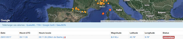 Un séisme de magnitude de 3,1 sur l'échelle de Richter  entre Bastia et l'Ile d'Elbe