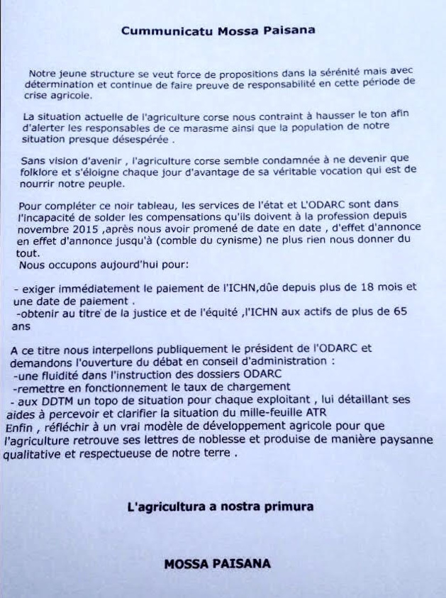 Mossa Paisana ; Occupation symbolique des locaux de l'Odarc à Ajaccio Mossa Paisana ; Occupation symbolique des locaux de l'Odarc à Ajaccio