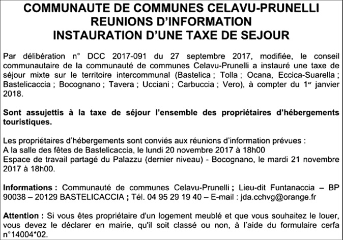 Celavu-Prunelli : Instauration d'une taxe de séjour sur le territoire intercommunal Celavu-Prunelli : Instauration d'une taxe de séjour sur le territoire intercommunal