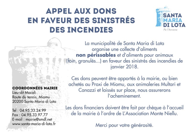Santa Maria di Lota : Collecte de dons en faveur des sinistrés des incendies Santa Maria di Lota : Collecte de dons en faveur des sinistrés des incendies