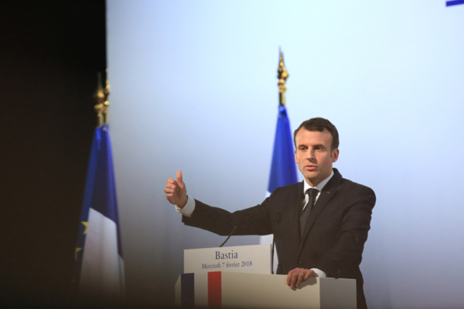 Le président de la République, Emmanuel Macron, lors de son discours au centre culturel Alb'Oru à Bastia. (C. Buffa Pool photos)