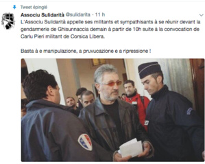 Charles Pieri convoqué à la gendarmerie de Ghisonaccia : Le soutien de l'Associu Sulidarità