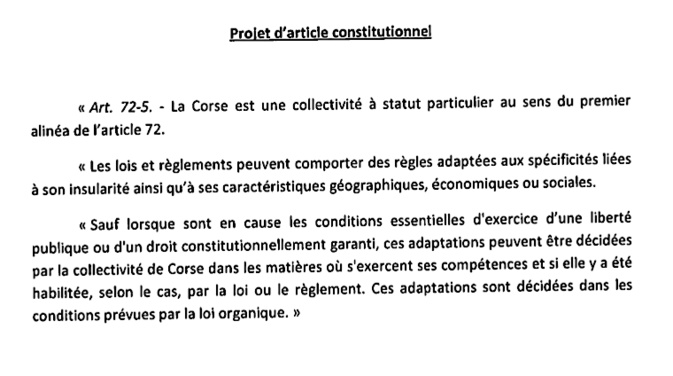 Corse : Le projet d'article constitutionnel transmis au Conseil d'Etat Corse : Le projet d'article constitutionnel transmis au Conseil d'Etat