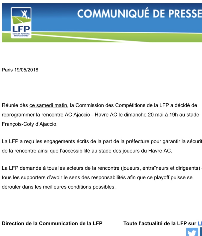 ACA-Le Havre : le match se jouera ce dimanche à 19h00 au stade François-Coty ACA-Le Havre : le match se jouera ce dimanche à 19h00 au stade François-Coty