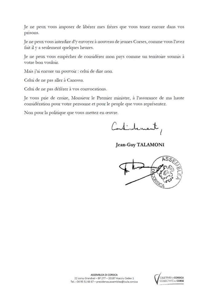 Jean-Guy Talamoni refuse l’invitation du Premier ministre de se rendre à Matignon