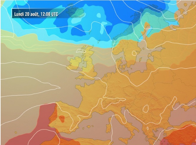 Carte des masses d'air prévue pour lundi : masse d'air froide en bleu, chaude en marron