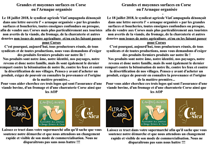 "Grandes et moyennes surfaces en Corse ou l'arnaque organisée" : Via Campagnola passe à l'action "Grandes et moyennes surfaces en Corse ou l'arnaque organisée" : Via Campagnola passe à l'action