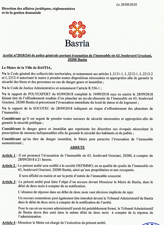 Peril imminent : Arrêté d'évacuation d'un immeuble du boulevard Graziani à Bastia Peril imminent : Arrêté d'évacuation d'un immeuble du boulevard Graziani à Bastia