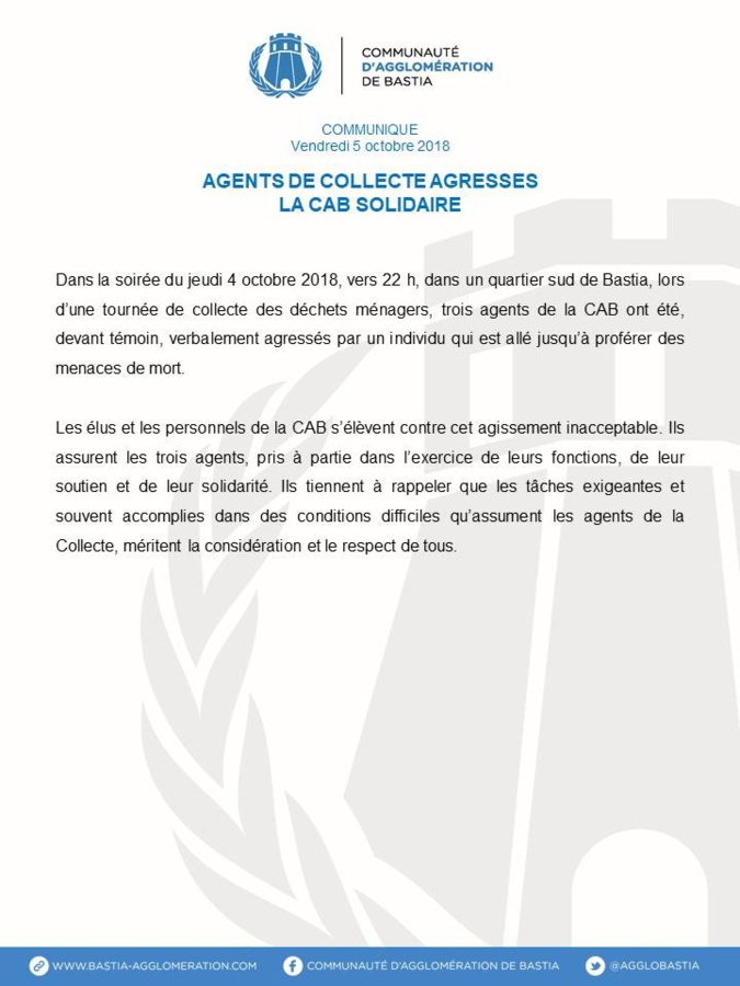 Bastia : Le soutien des élus de la CAB et du STC-CAB après l’agression verbale à trois agents de collecte Bastia : Le soutien des élus de la CAB et du STC-CAB après l’agression verbale à trois agents de collecte