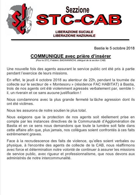 Bastia : Le soutien des élus de la CAB et du STC-CAB après l’agression verbale à trois agents de collecte 