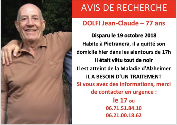 Disparition à Pietranera : Toujours aucune trace de Jean-Claude Dolfi Disparition à Pietranera : Toujours aucune trace de Jean-Claude Dolfi
