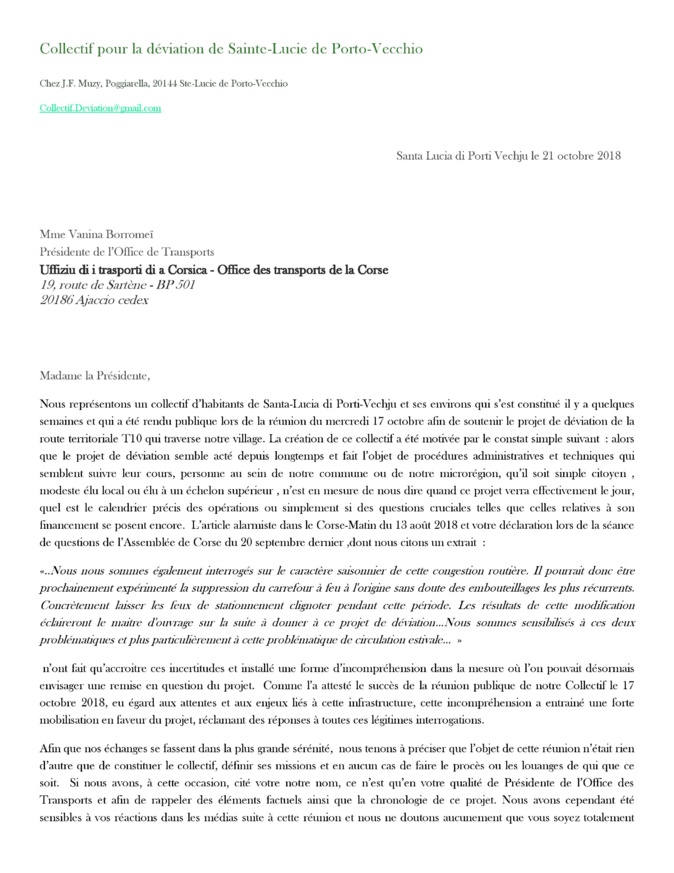 Déviation de Ste Lucie de Porto-Vecchio : La mobilisation du Collectif des habitants continue Déviation de Ste Lucie de Porto-Vecchio : La mobilisation du Collectif des habitants continue