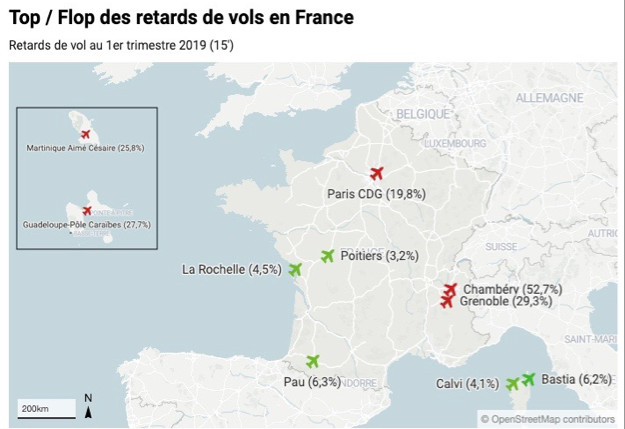 En vert les aéroports les plus ponctuels, en rouge ceux qui comptabilisent le plus de retards.