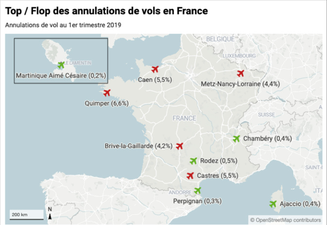 En vert les aéroports assurant le plus de vols, en rouge ceux qui comptabilisent le plus d’annulations. En vert les aéroports assurant le plus de vols, en rouge ceux qui comptabilisent le plus d’annulations.
