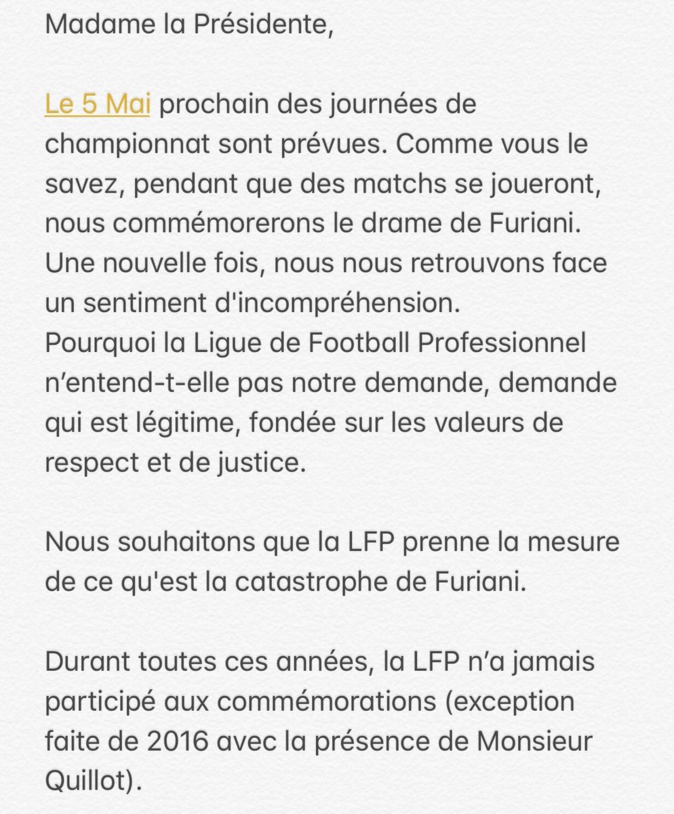 Le Collectif de Furiani demande à la LFP le report des matches du 5 Mai Le Collectif de Furiani demande à la LFP le report des matches du 5 Mai