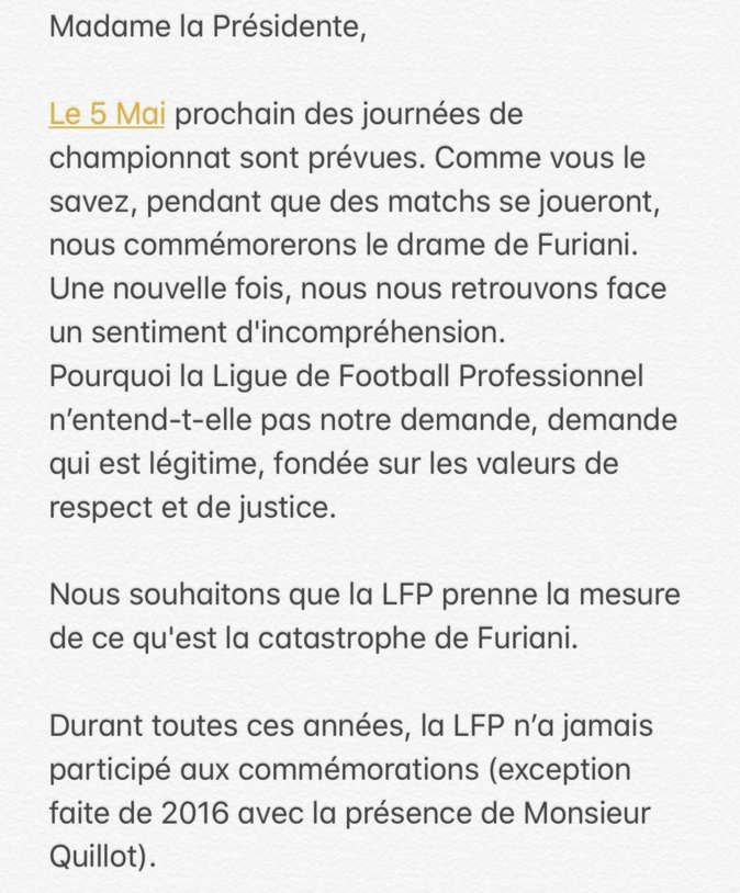 Le Collectif de Furiani demande à la LFP le report des matches du 5 Mai