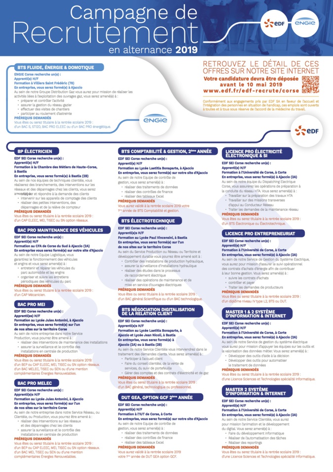 Plusieurs contrats en alternance proposés par EDF en Corse Plusieurs contrats en alternance proposés par EDF en Corse