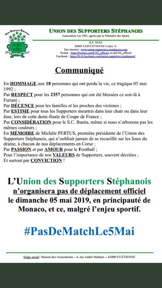 L'Union des Supporters de l'AS Saint-Étienne n'organisera pas de déplacement le 5 mai à Monaco