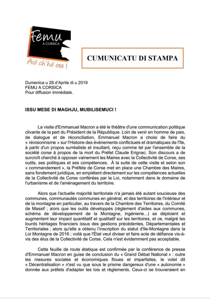 Femu a Corsica appelle à une triple mobilisation en Mai Femu a Corsica appelle à une triple mobilisation en Mai