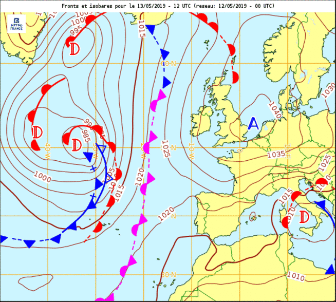 Carte météo prévue pour ce lundi 14h