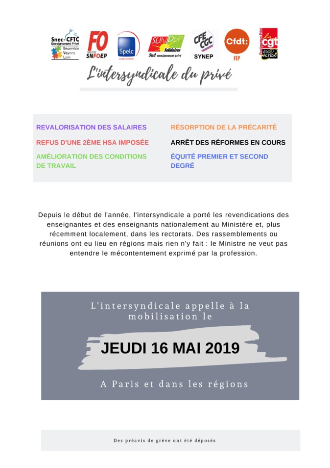 16 mai : l’intersyndicale de l’enseignement privé appelle à la grève