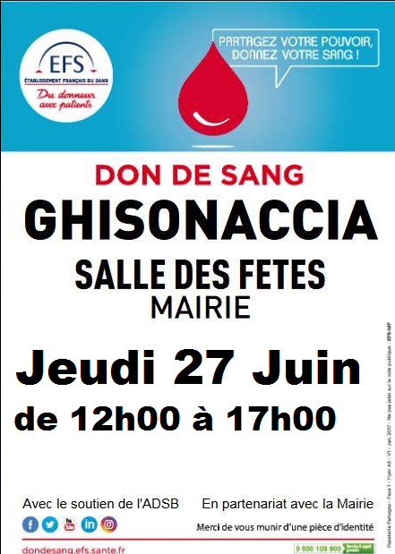Don de sang : une collecte ce jeudi 27 juin à Ghisonaccia 