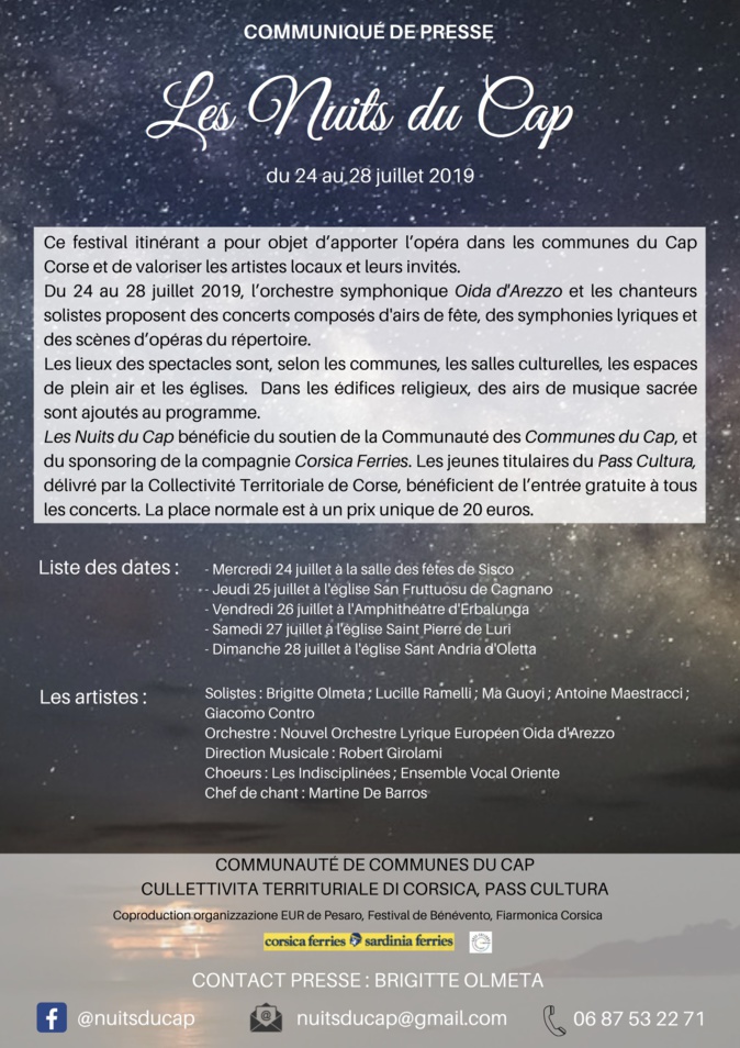 Les Nuits du Cap : Un nouveau festival d'Art Lyrique arrive dans les communes du Cap Corse Les Nuits du Cap : Un nouveau festival d'Art Lyrique arrive dans les communes du Cap Corse