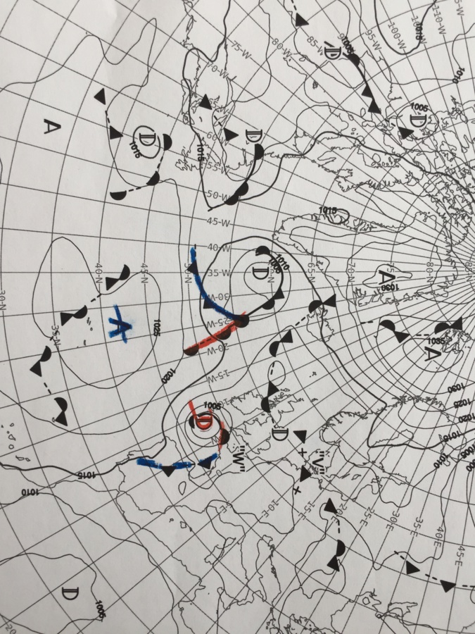 Positions des basses et hautes préssions et fronts pour ce lundi 12h