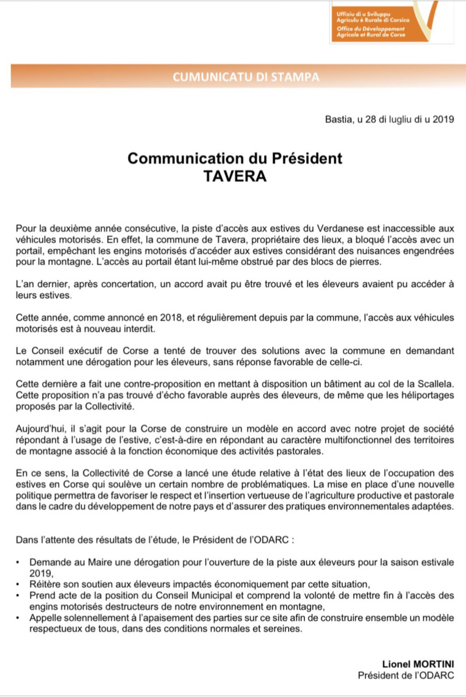 Blocage des estives de Tavera : le président de l'ODARC demande le déblocage et invite au dialogue Blocage des estives de Tavera : le président de l'ODARC demande le déblocage et invite au dialogue