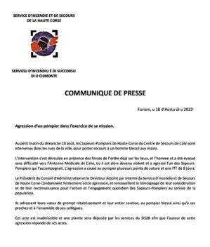 8 jours d'ITT pour le pompier blessé à Calvi : le SIS va déposer une plainte 8 jours d'ITT pour le pompier blessé à Calvi : le SIS va déposer une plainte