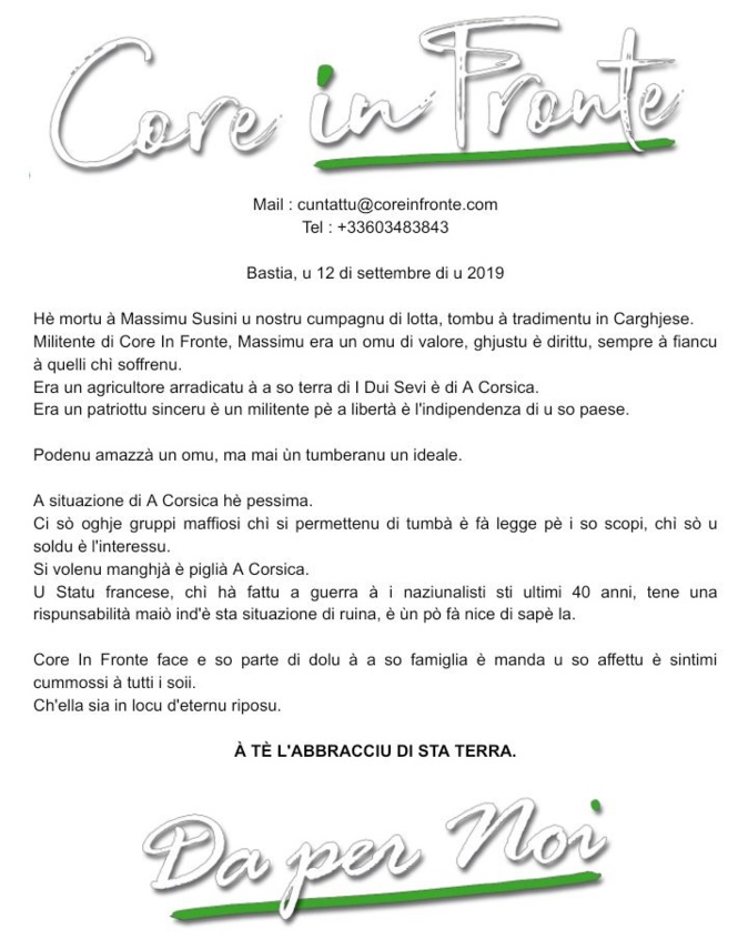 "Si volenu manghjà a Corsica" : Core in Fronte réagit à l’assassinat de Cargese "Si volenu manghjà a Corsica" : Core in Fronte réagit à l’assassinat de Cargese