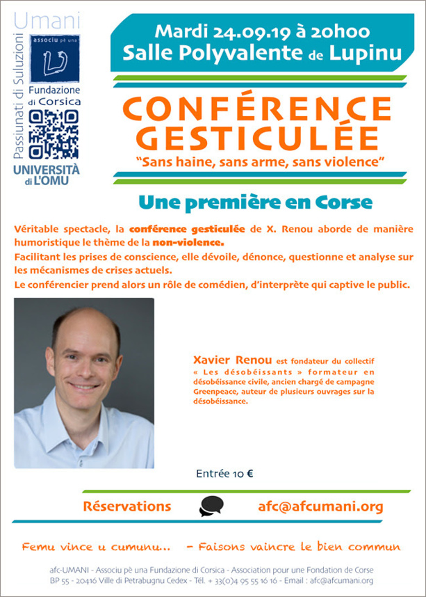 Sans haine, sans arme, sans violence : la première conférence gesticulée ce mardi 24 à Bastia