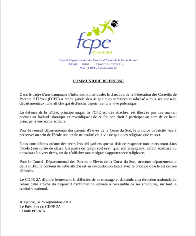 Affiche d'une femme voilée avec un enfant en sortie scolaire : la FCPE de Corse-du-Sud demande son retrait