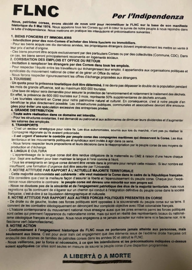 "Sauver le peuple corse d'une disparition programmée" : le manifeste du nouveau FLNC publié sur les réseaux "Sauver le peuple corse d'une disparition programmée" : le manifeste du nouveau FLNC publié sur les réseaux