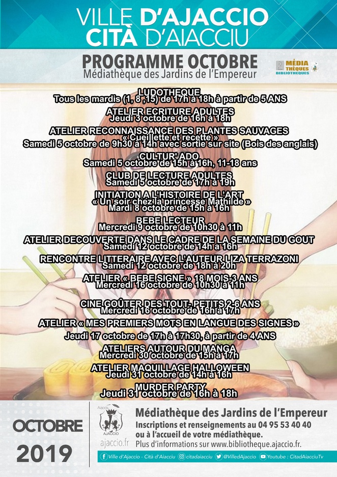 La programmation du mois d’octobre de la médiathèque des Jardins de l'Empereur