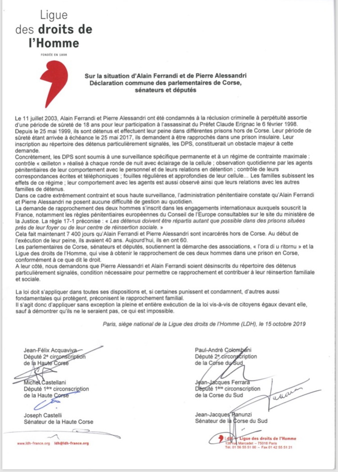 L’union des parlementaires corses pour demander le rapprochement d’Alain Ferrandi et de Pierre Alessandri