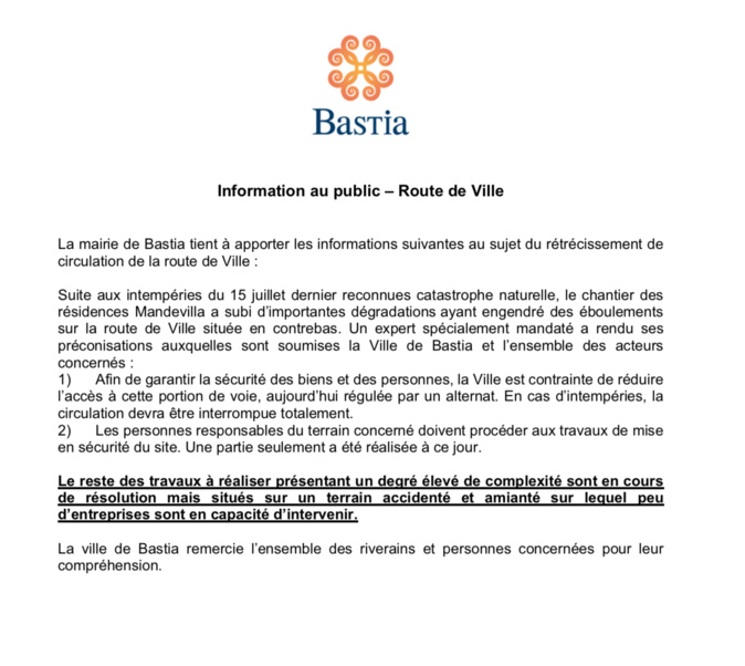 Intempéries à Bastia : Une portion de la route de Ville fermée