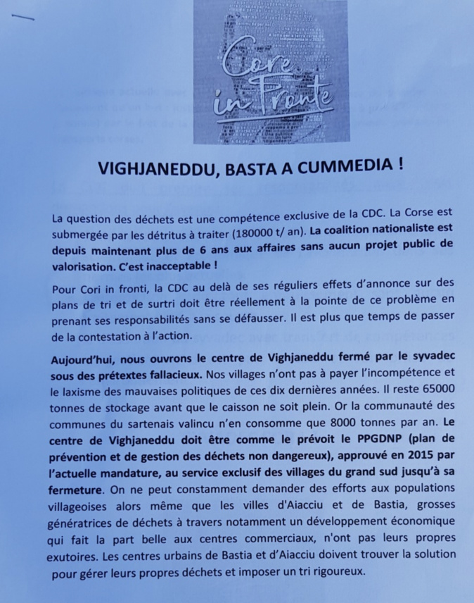 Crise de déchets : Core in Fronte débloque l'accès à Viggianello