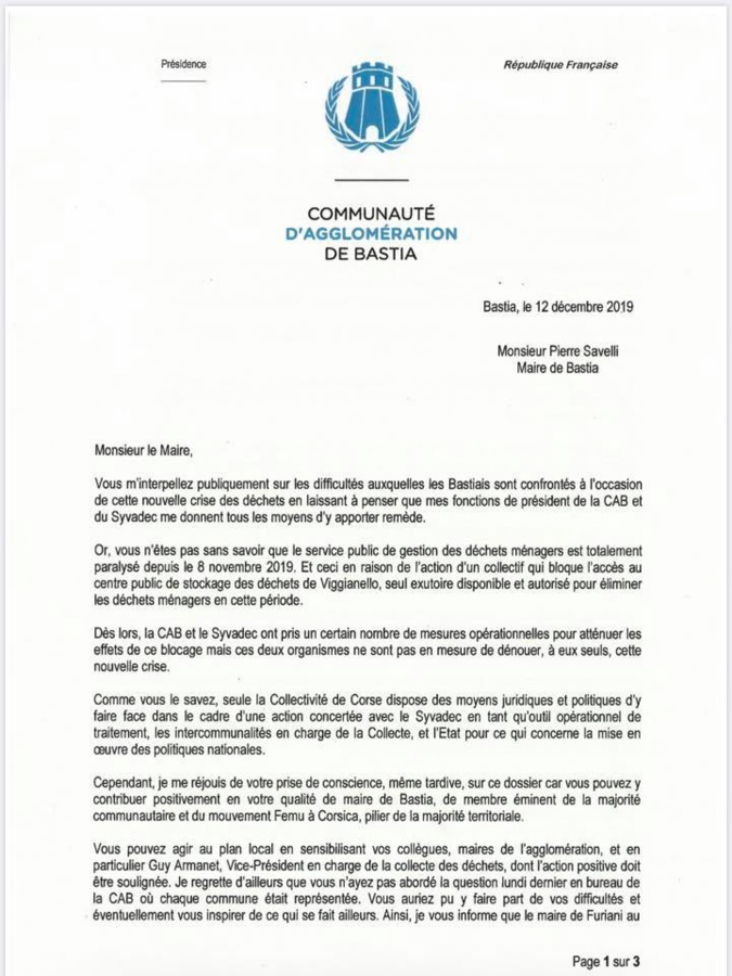 Collecte de déchets : La réponse de François Tatti au maire de Bastia 