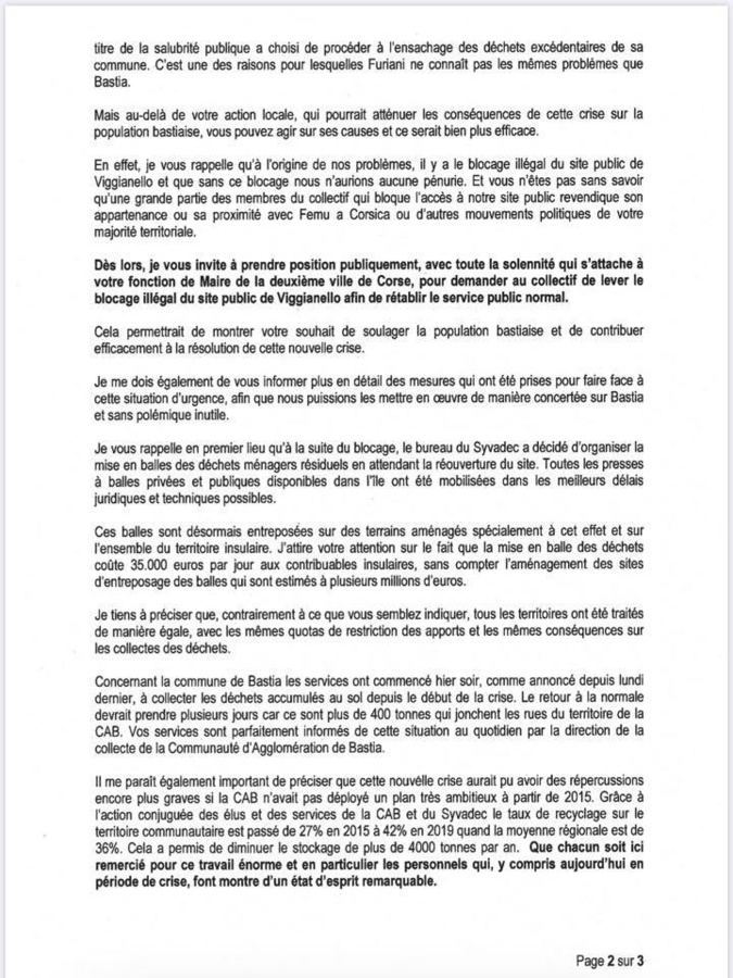 Collecte de déchets : La réponse de François Tatti au maire de Bastia 