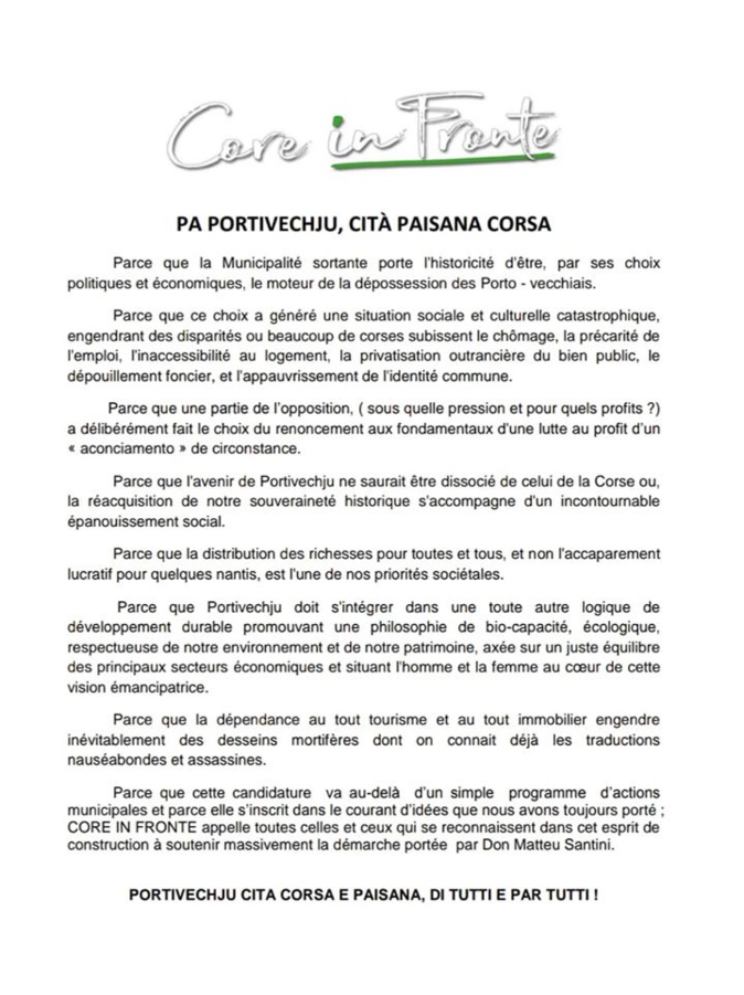 Municipales 2020 : A Porti Vechju, Core in Fronte soutien Don-Mathieu Santini Municipales 2020 : A Porti Vechju, Core in Fronte soutien Don-Mathieu Santini