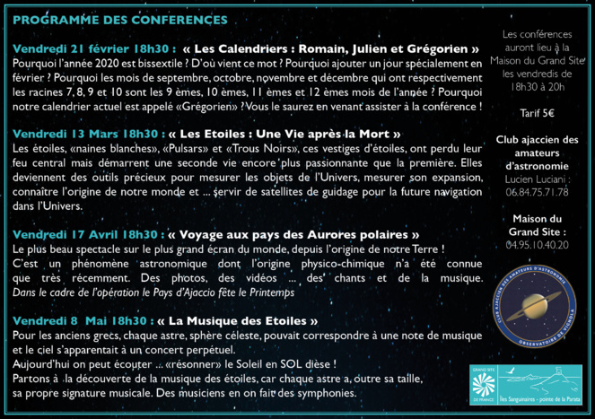 Le programme des conférences du Club ajaccien d'amateurs d'astronomie "hors les murs"