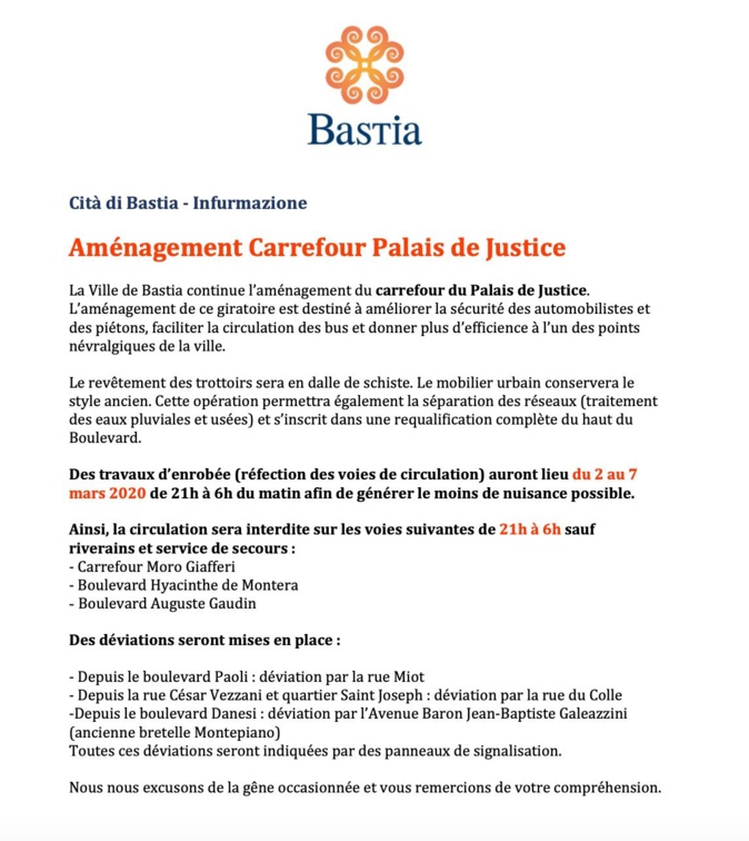 Bastia : Le bd Gaudin et le bd Montera fermés à la circulation les nuits du 2 au 7 mars 