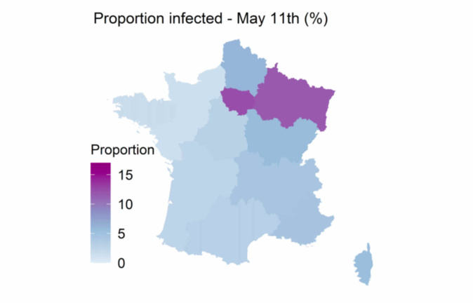 Projection du taux d’infection de la population à Covid-19 au 11 mai // Source : Institut Pasteur Projection du taux d’infection de la population à Covid-19 au 11 mai // Source : Institut Pasteur