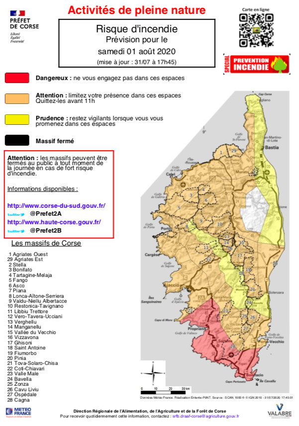 Risque incendie : plusieurs massifs corses en niveau orange ce 1 aout