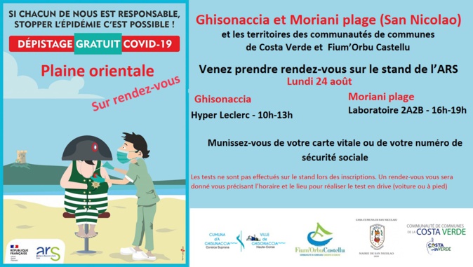 Plaine orientale : 7ème campagne de dépistage gratuit de la Covid-19 en Corse Plaine orientale : 7ème campagne de dépistage gratuit de la Covid-19 en Corse