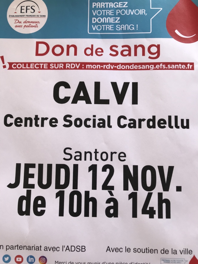 Don du sang le 12 novembre à Calvi